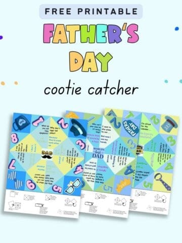 text "free printable Father's Day cootie catcher" with a preview of three pages of Father's Day joke fortune teller