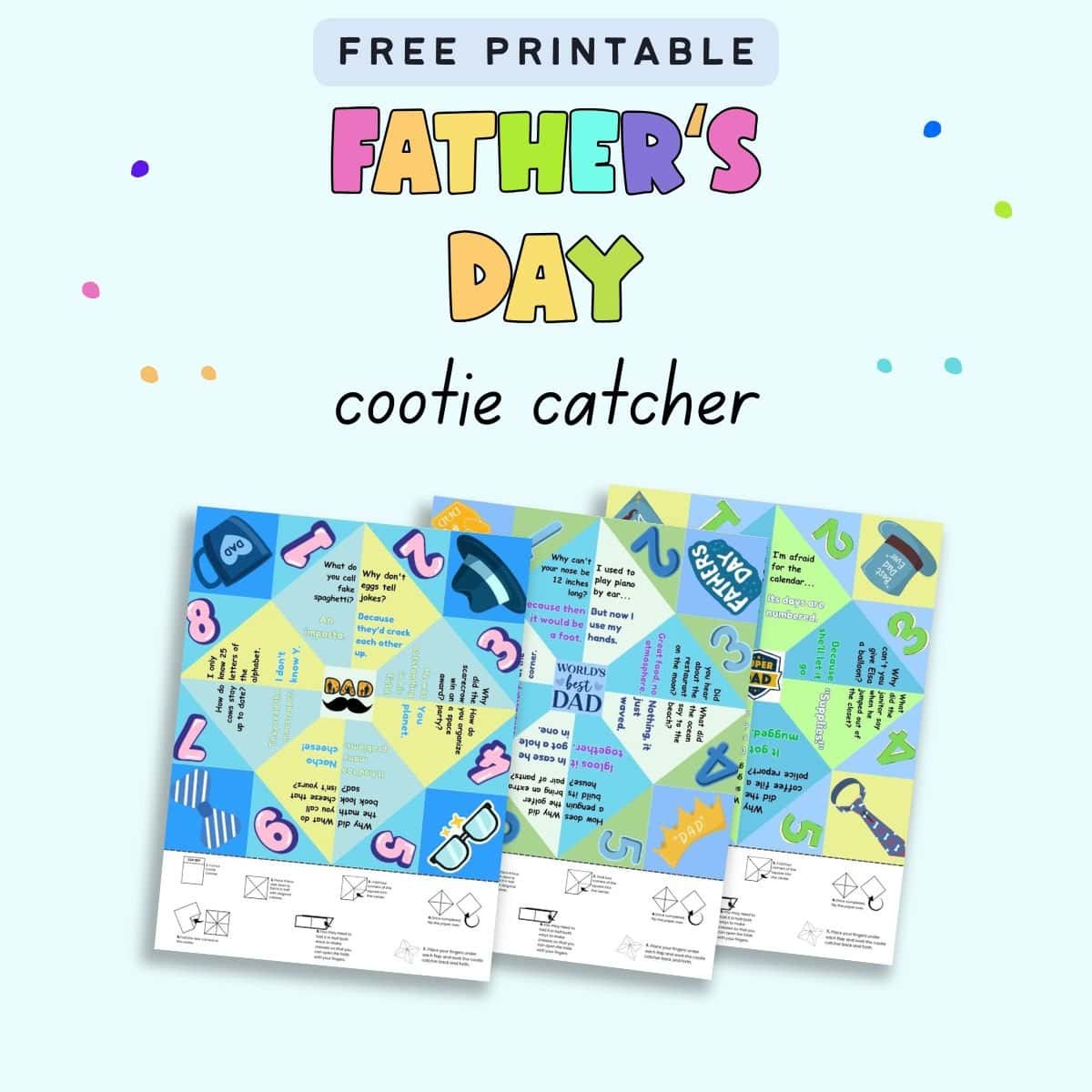 text "free printable Father's Day cootie catcher" with a preview of three pages of Father's Day joke fortune teller