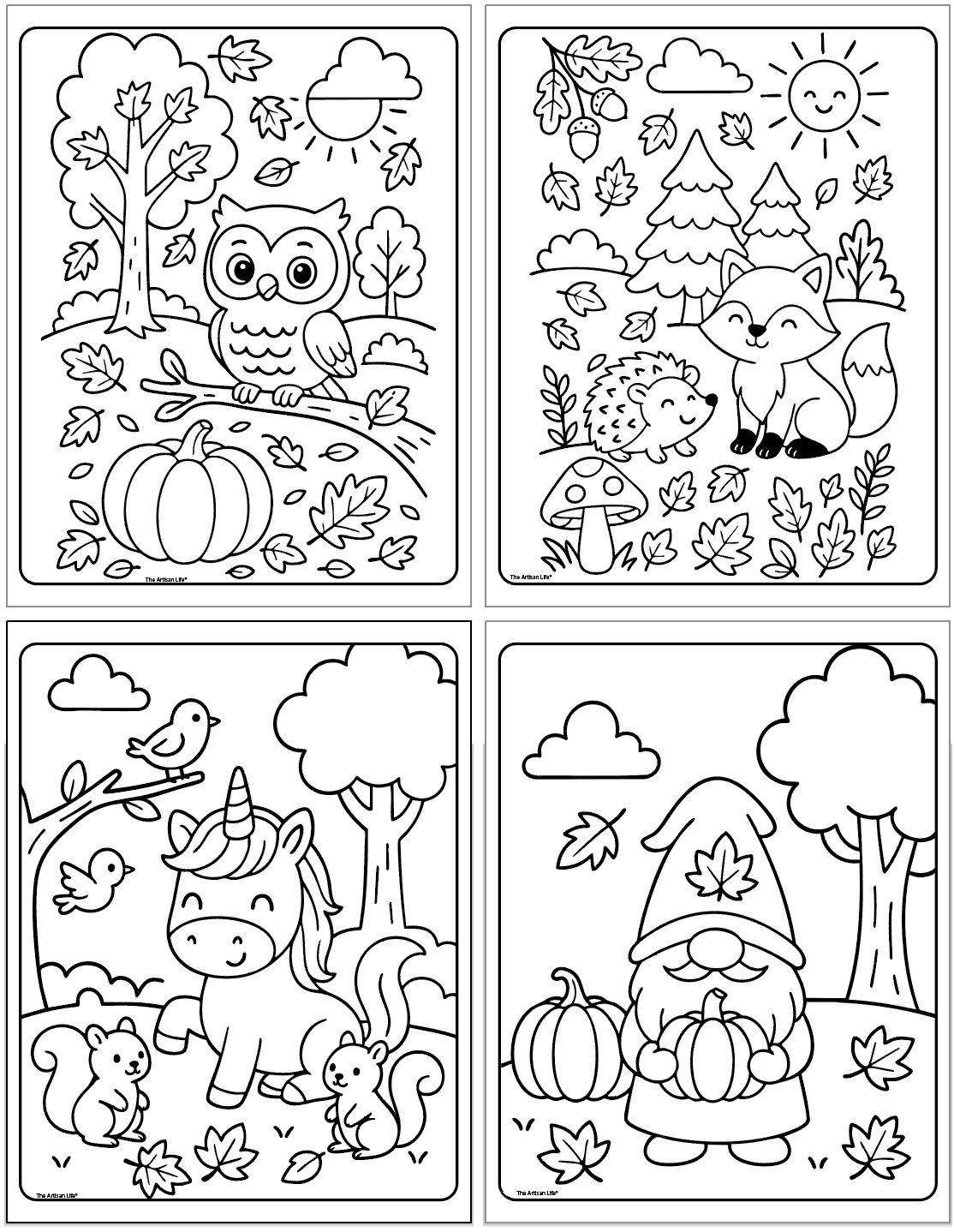 A collection of four free printable fall coloring pages featuring an owl with pumpkins, a fox with a hedgehog, a unicorn with squirrels, and a gnome holding pumpkins, all designed as bold and easy autumn coloring pages.