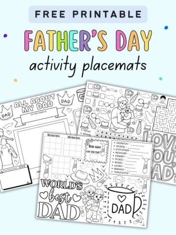 Text "free printable father's day activity placemats" with a preview of three pages of activity placemat