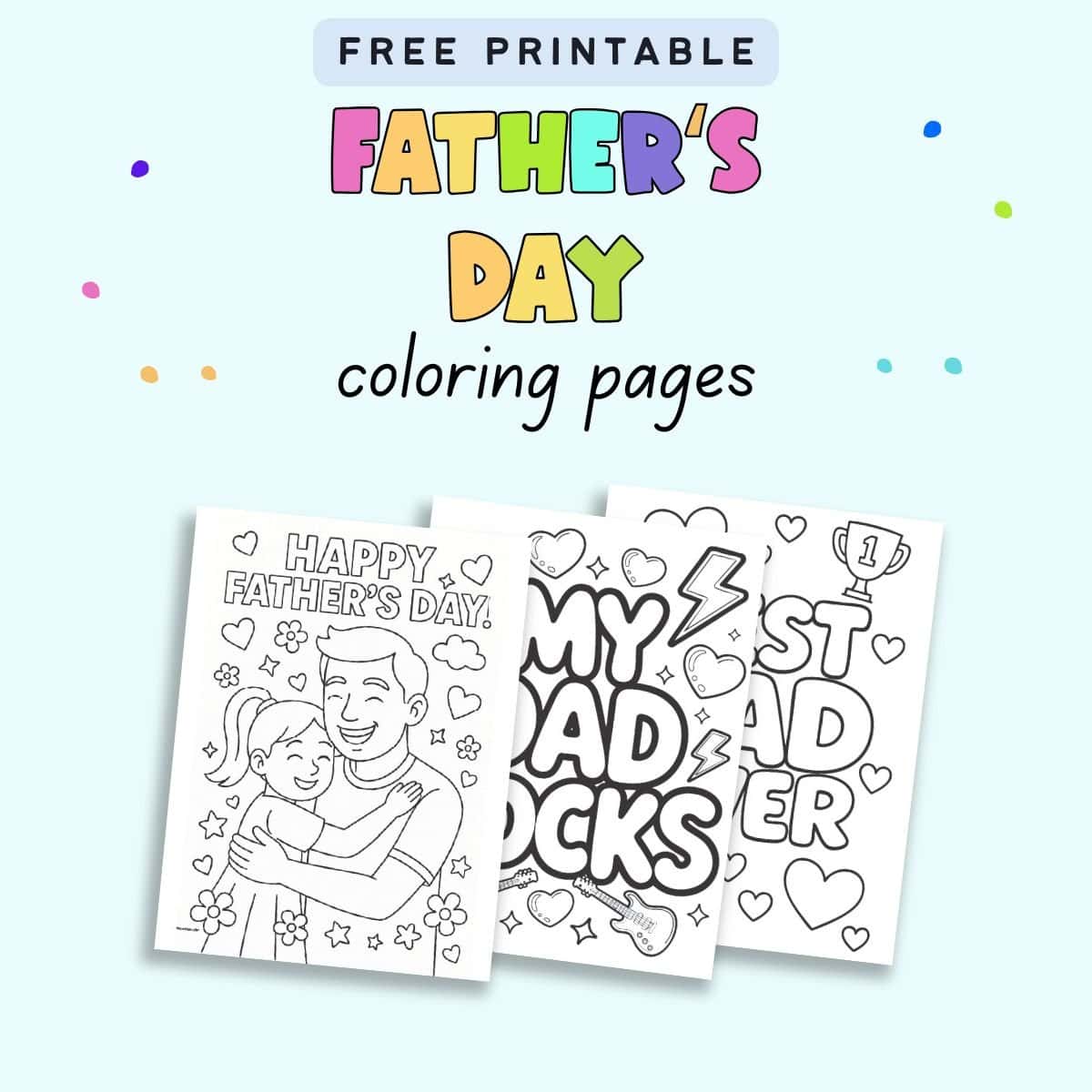 text "father's Day coloring page" with a preview of three printable Father's Day coloring pages for kids