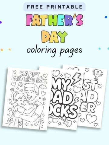 text "Father's Day coloring pages" with a preview of three Father's Day coloring pages for kids