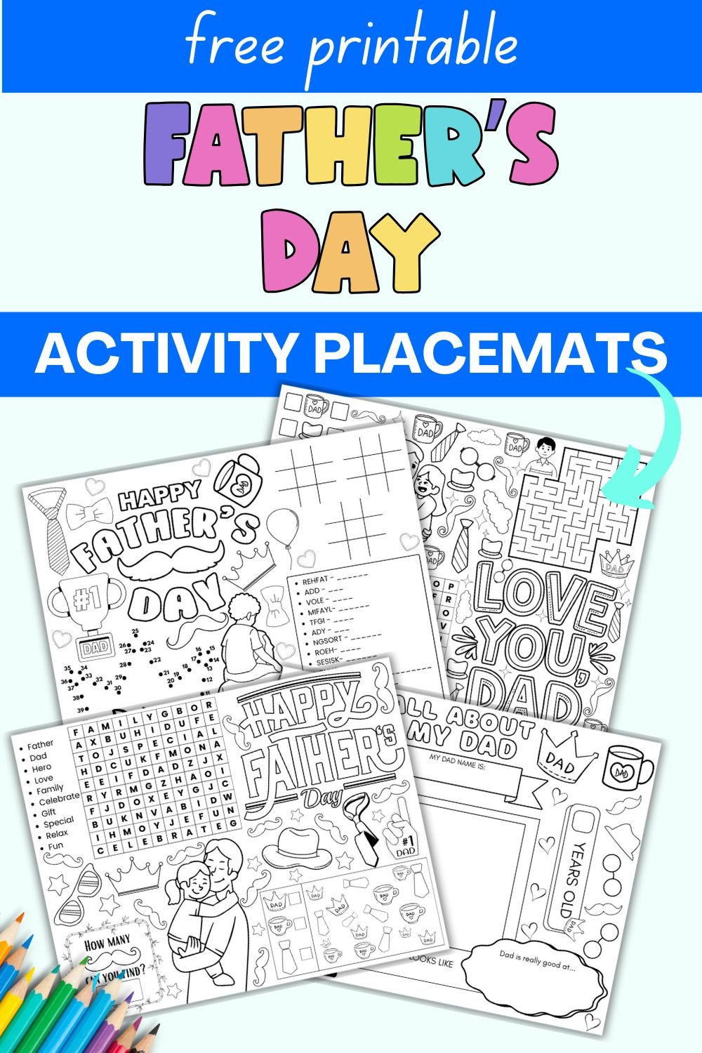 text "Free printable Father's Day activity placemats" with a preview of four activity placemats for kids 