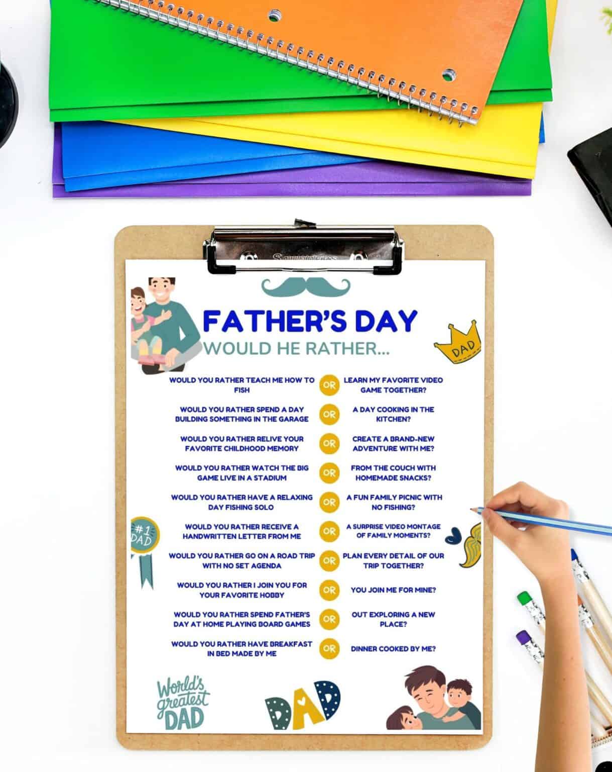 Make this Father’s Day unforgettable with our "Would You Rather?" game that's perfect for kids! It's packed with funny Father’s Day questions for kids, making it a fun way to spark laughter and conversations. The free Father’s Day printables for kids are easy to print and perfect for group games or just a playful activity at home. Plus, these games to play on Father's Day can turn any gathering into a memorable day with DIY gifts for dads included! Check it out and save for later—you won't want to miss these Happy Father's Day games!