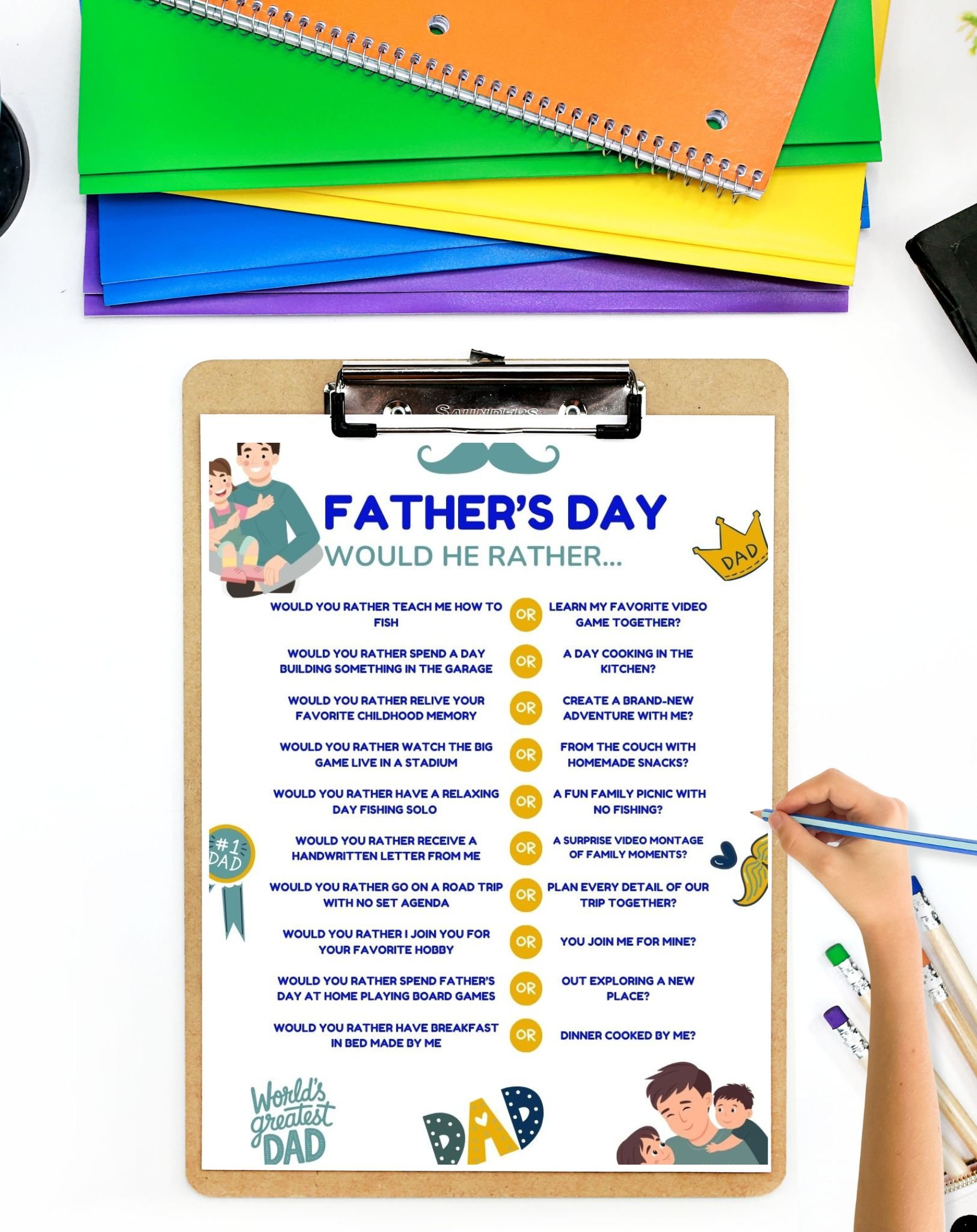Make this Father’s Day unforgettable with our "Would You Rather?" game that's perfect for kids! It's packed with funny Father’s Day questions for kids, making it a fun way to spark laughter and conversations. The free Father’s Day printables for kids are easy to print and perfect for group games or just a playful activity at home. Plus, these games to play on Father's Day can turn any gathering into a memorable day with DIY gifts for dads included! Check it out and save for later—you won't want to miss these Happy Father's Day games!
