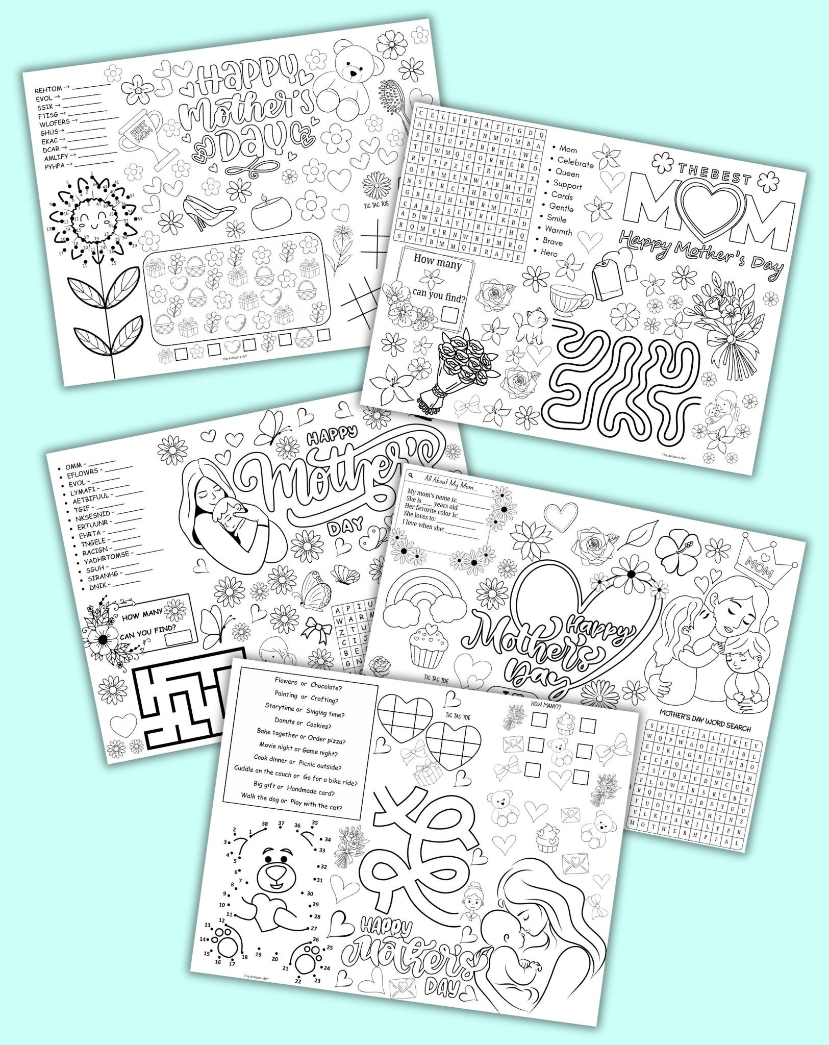 A collection of printable activity placemats designed for kids, featuring Mother's Day themes with coloring pages, word searches, and fun questions, ideal for family brunch and engaging preschool and kindergarten activities.
