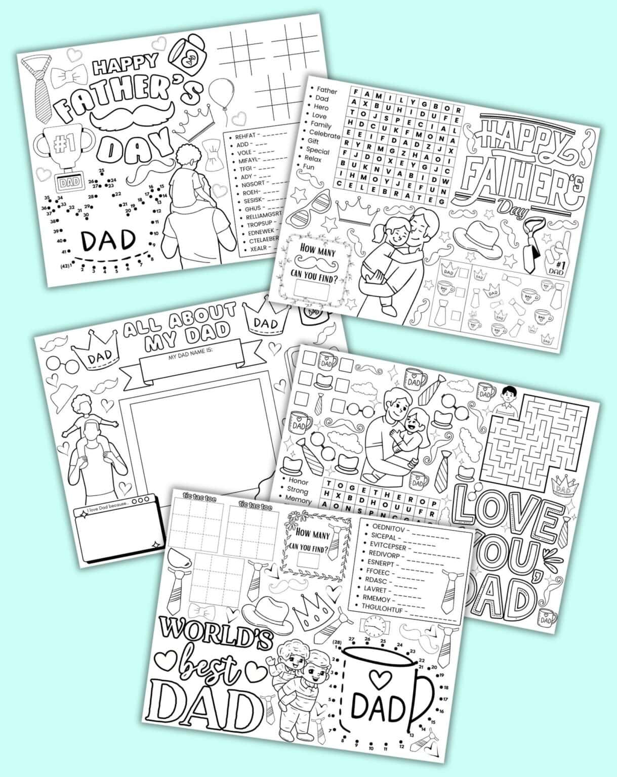 five printable activity placemats for Father's Day with puzzles, coloring, and games
