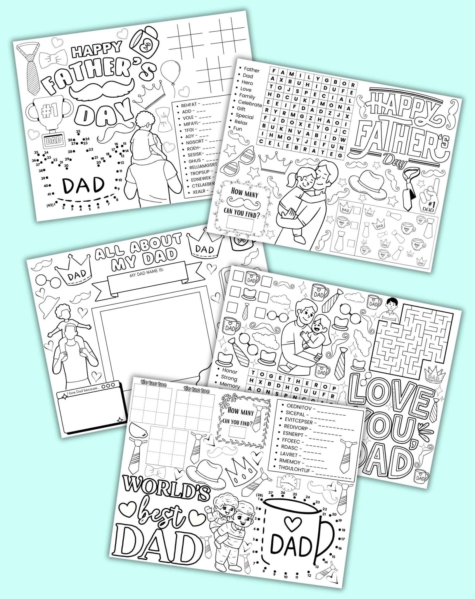 five printable activity placemats for Father's Day with puzzles, coloring, and games