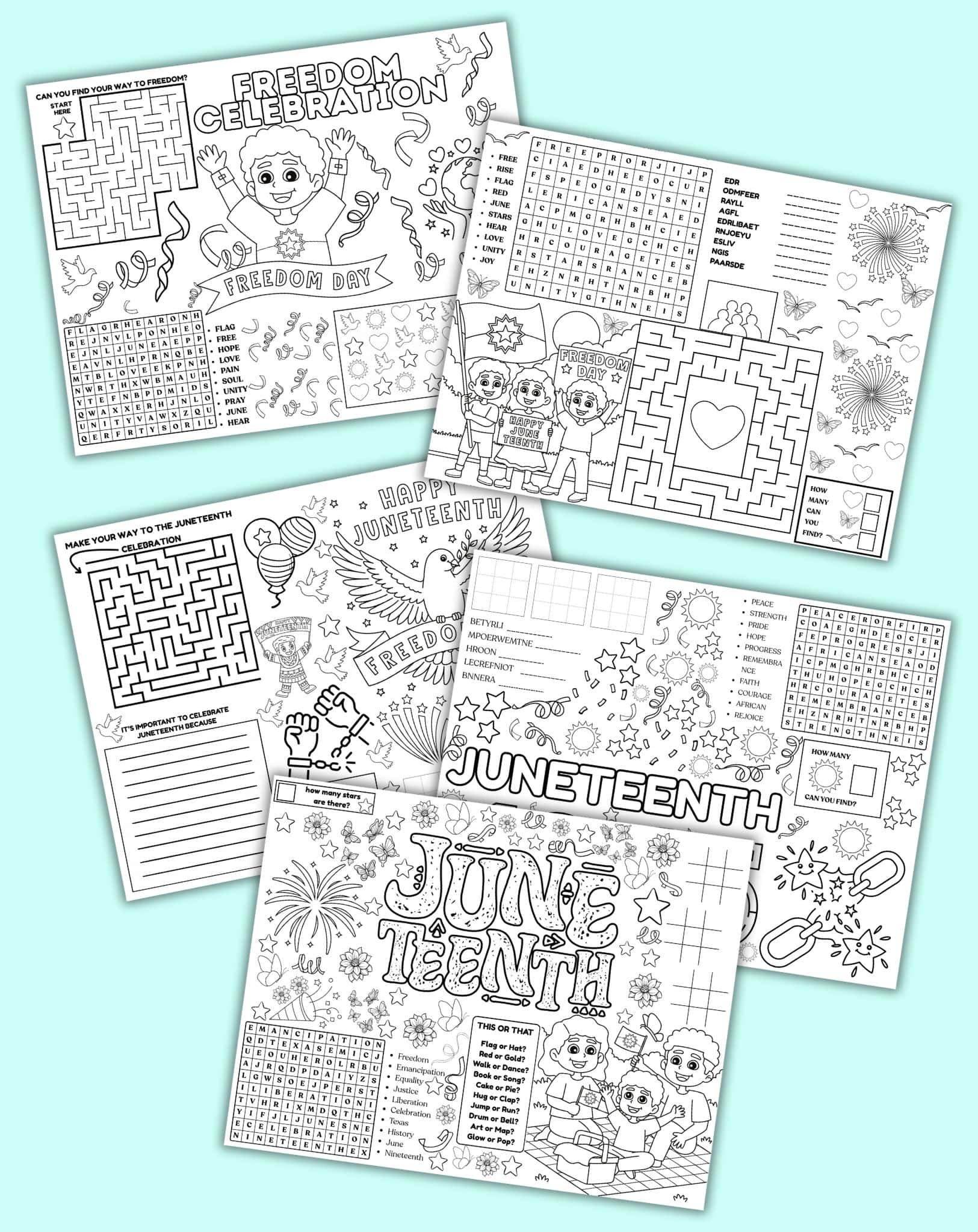 A collection of printable Juneteenth coloring pages and activities for kids, featuring word searches, mazes, and prompts to promote learning and celebration of Juneteenth.

