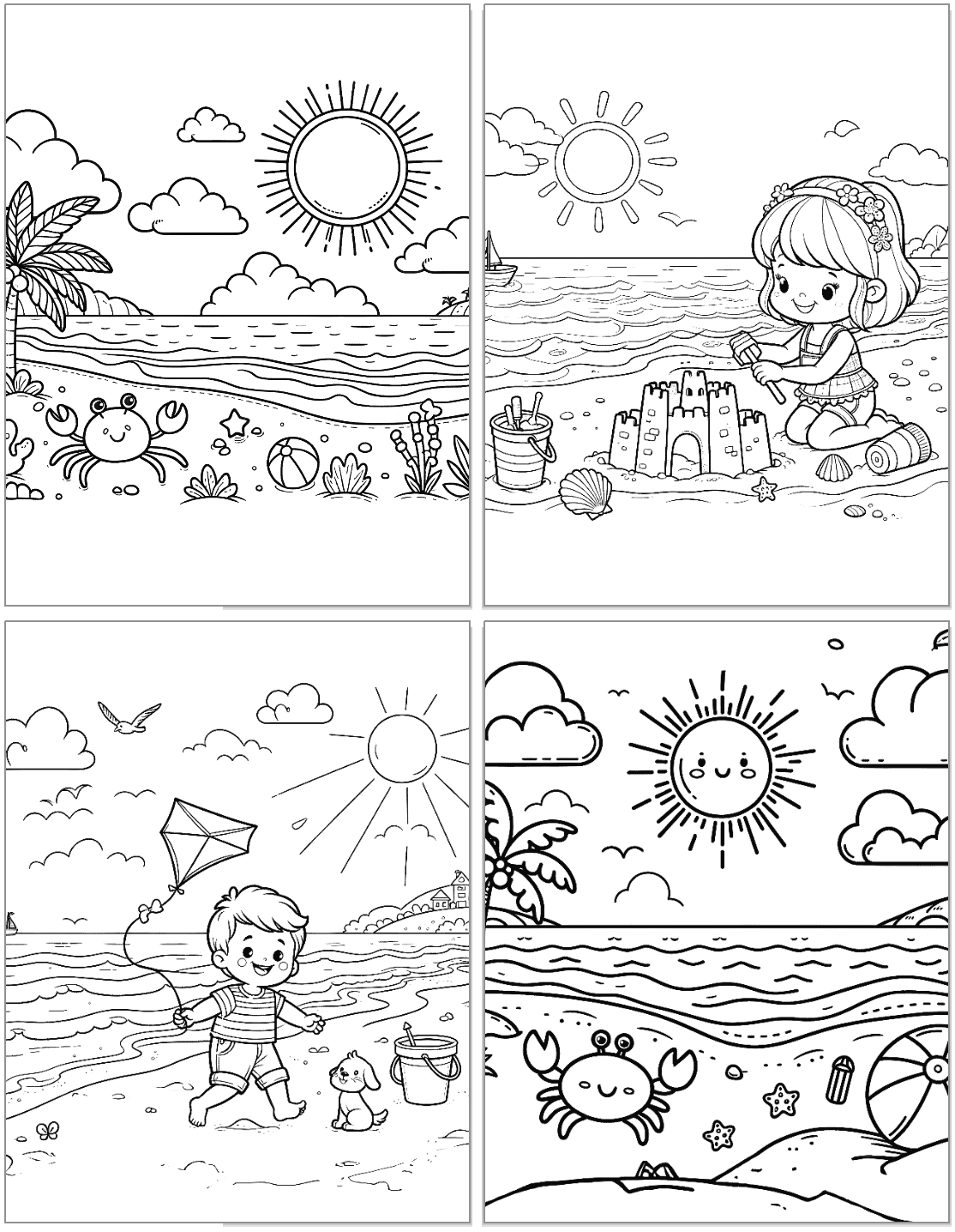 A collection of four summer-themed coloring pages for kids featuring beach scenes with children, crabs, sun, and various beach activities, suitable for free printable summer coloring activities.

