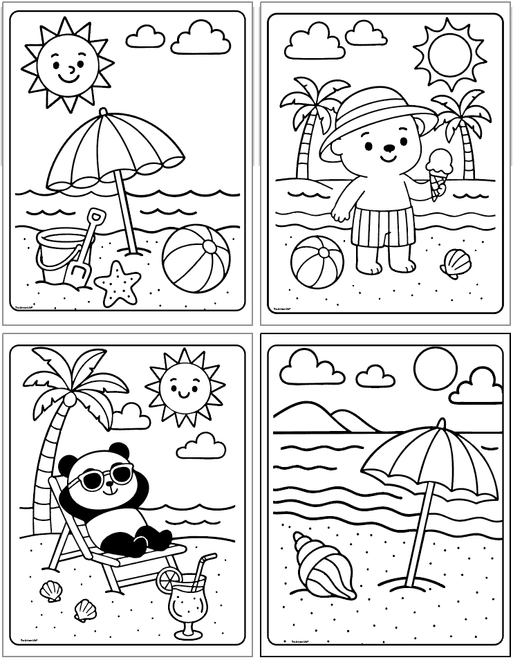 A collection of four black and white summer-themed coloring pages featuring a sun, beach scenes with umbrellas, children holding ice cream, and a panda relaxing, ideal for kids to color in, focusing on bold and easy designs for summer fun.
