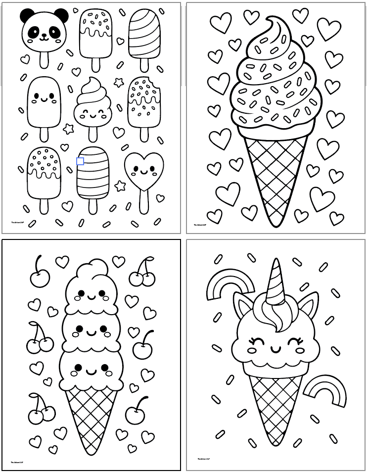 A collection of black-and-white ice cream-themed coloring pages featuring a cute cat with an ice cream cone, a bowl of ice cream sundaes, a bear holding an ice cream cone, an ice cream truck, and various ice cream cones, suitable for summer at-home kids' activities.
