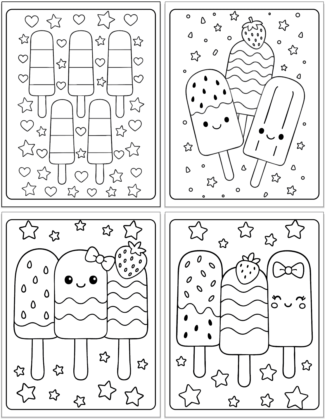 A collection of four summer-themed coloring pages featuring cute kawaii popsicles, including various designs with fun patterns and elements like stars and fruits, ideal for kids.
