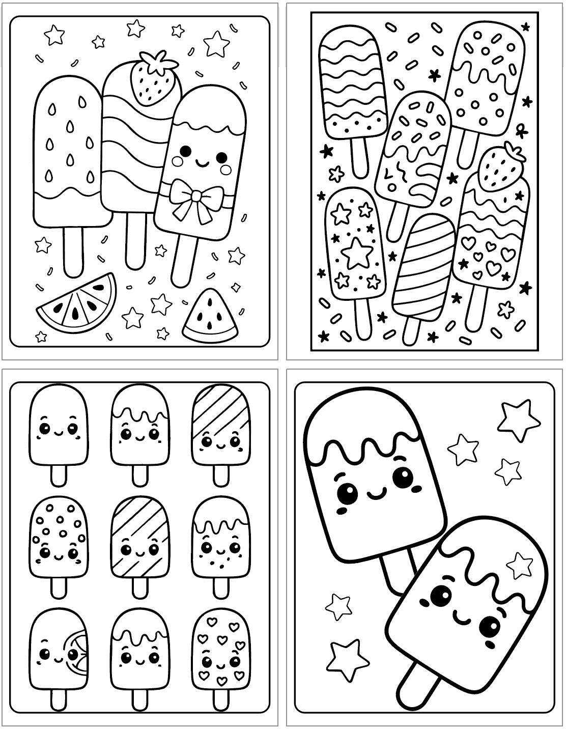 A collection of four summer-themed coloring pages featuring cute kawaii popsicles, including various designs with fun patterns and elements like stars and fruits, ideal for kids.
