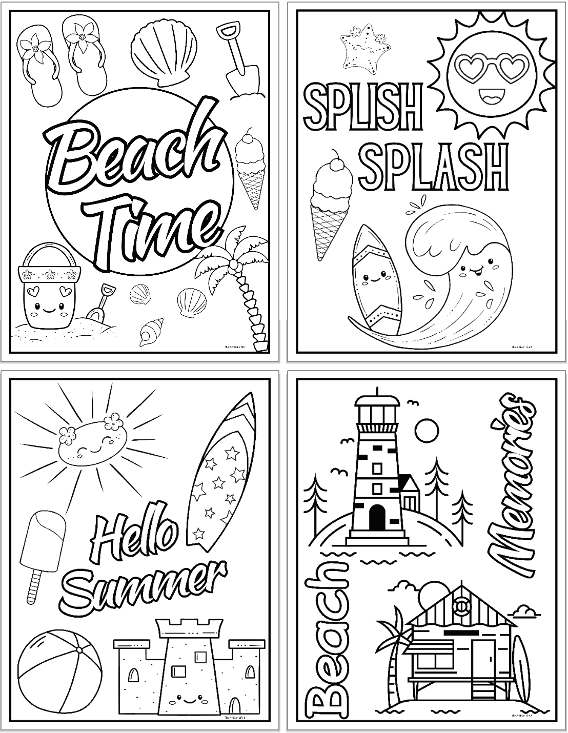 Four summer-themed coloring pages featuring images such as beach toys, ice cream, a lighthouse, a surfboard, and the text "Beach Time," "SPLISH SPLASH," "Hello Summer," and "Beach Memories," suitable for children as free printables and summer coloring activities.
