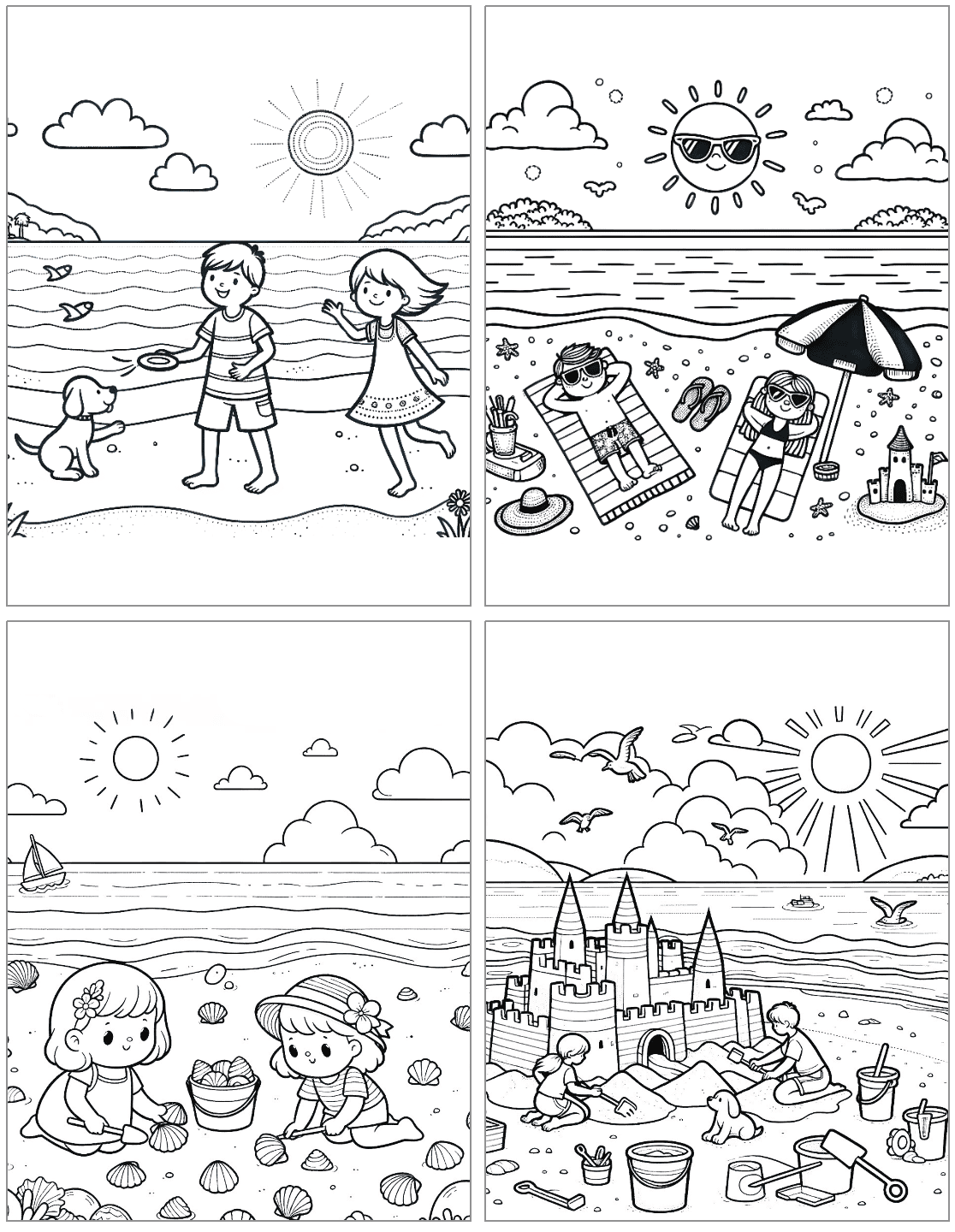 Four scenes of children enjoying summer activities at the beach, featuring elements like playing with a dog, sunbathing, collecting seashells, and building sandcastles, designed as bold and easy summer coloring pages for kids.
