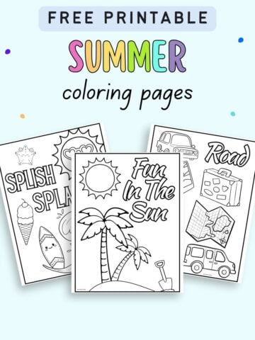 A collection of three summer-themed coloring pages, featuring designs such as ice cream, palm trees, and travel-related images, offered as free printables for kids' summer activity sheets.