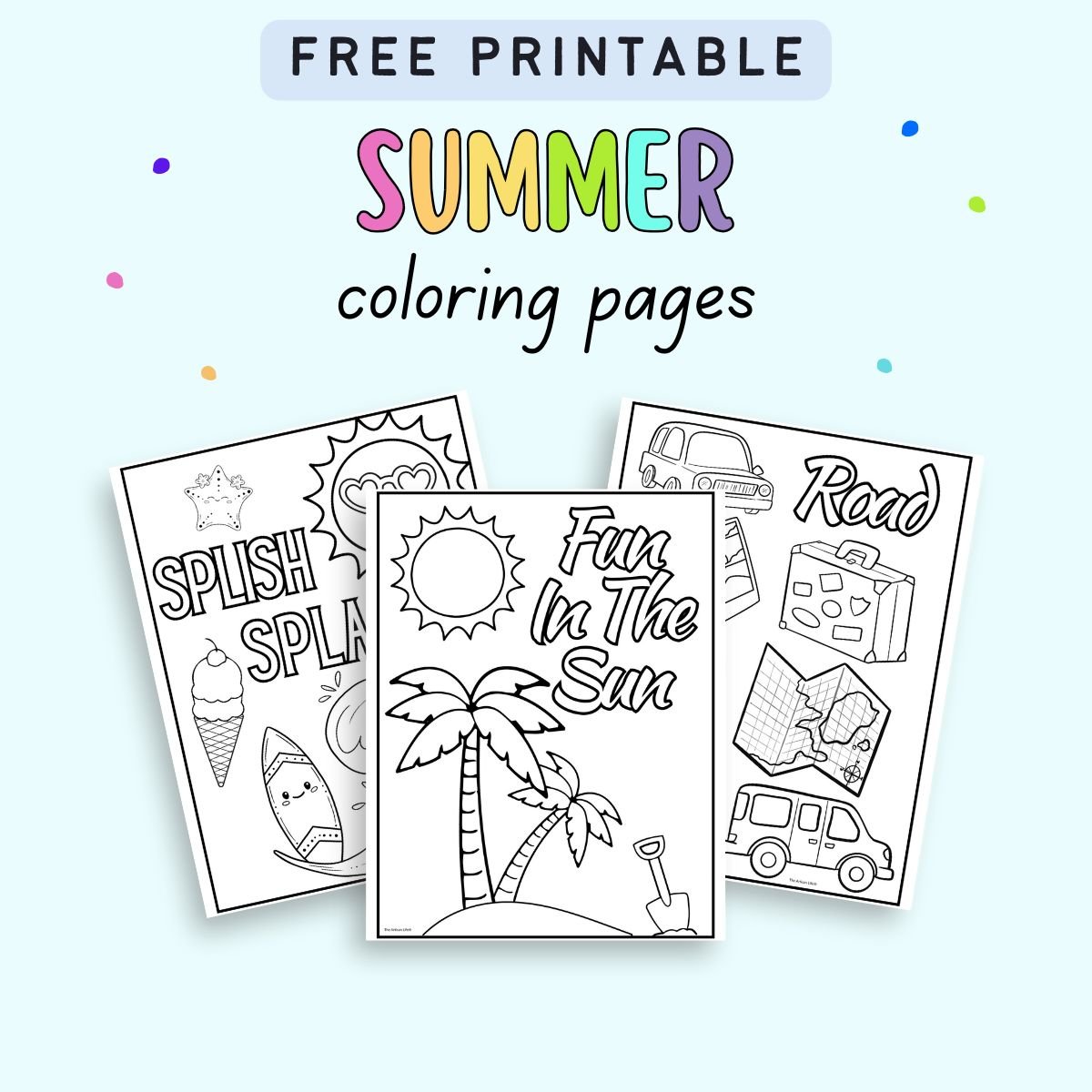 A collection of three summer-themed coloring pages, featuring designs such as ice cream, palm trees, and travel-related images, offered as free printables for kids' summer activity sheets.
