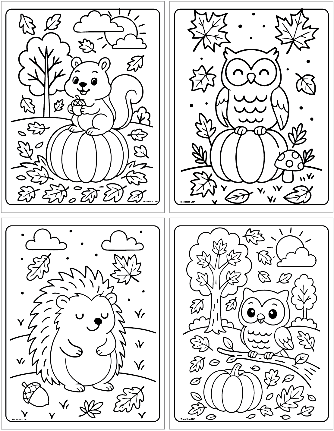 

A collection of four bold and easy fall coloring pages featuring a fox, a hedgehog, and a bear, set in autumn landscapes with pumpkins and leaves.

