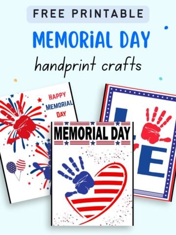 text "free printable memorial day handprint crafts" with a preview of three handprint art templates