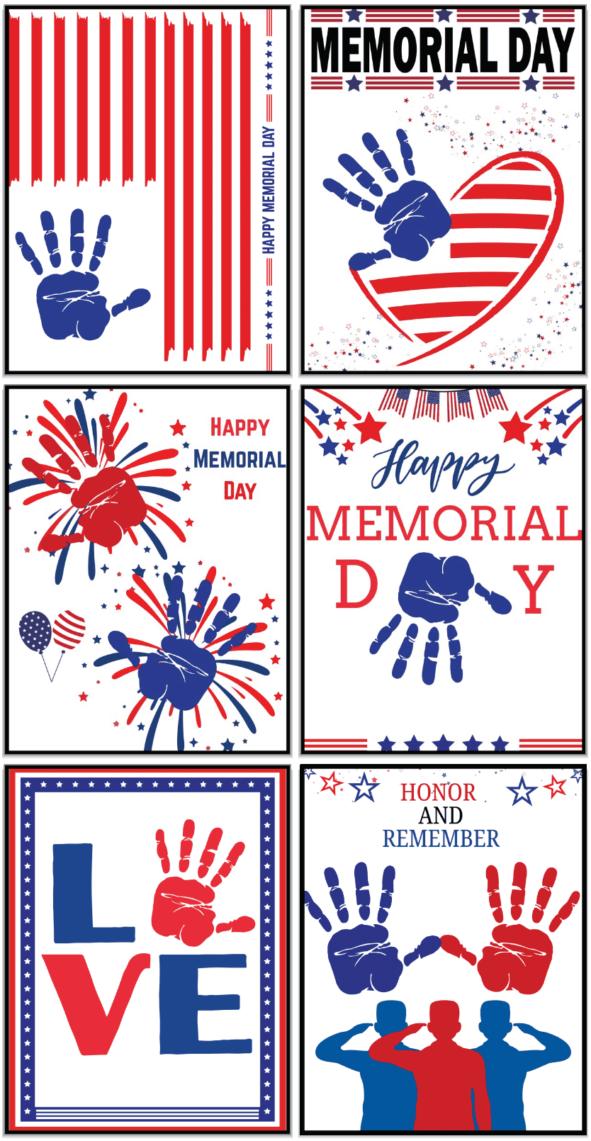 Six Memorial Day themed handprint art templates