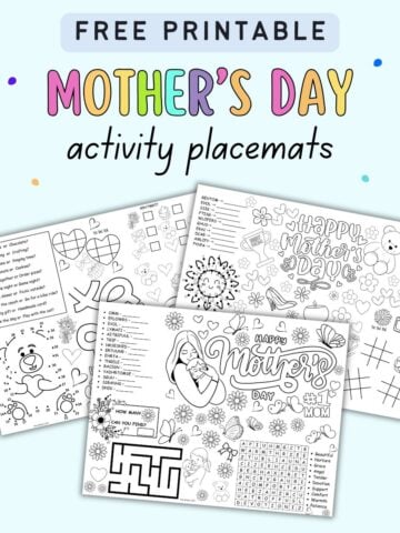 A collection of printable activity placemats designed for kids, featuring Mother's Day themes with coloring pages, word searches, and fun questions, ideal for family brunch and engaging preschool and kindergarten activities.