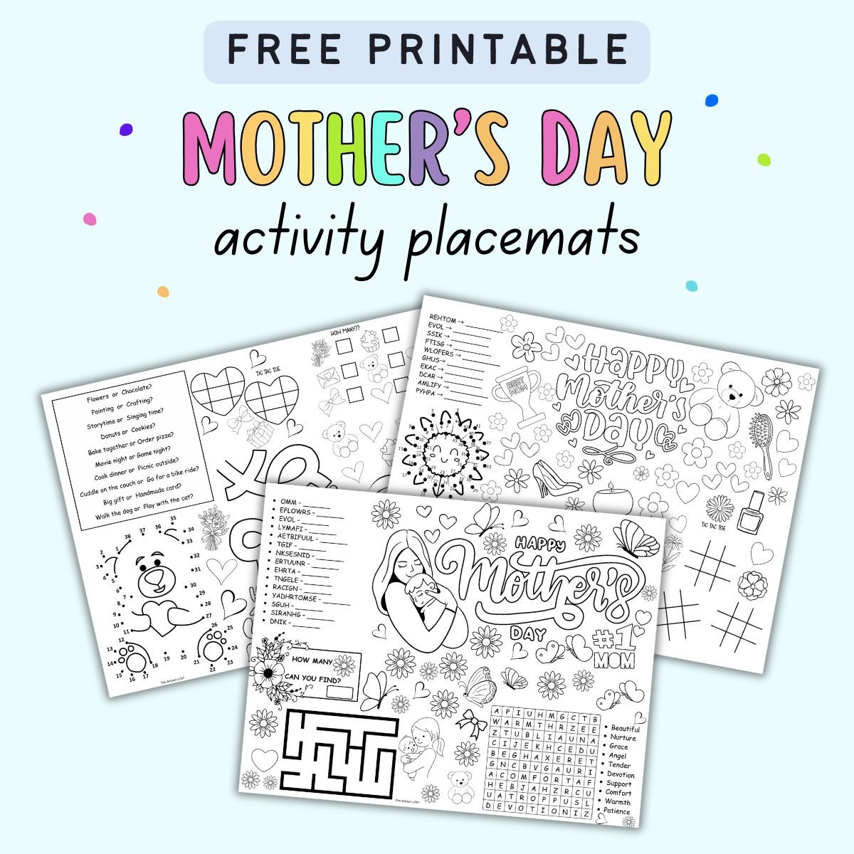 A collection of printable activity placemats designed for kids, featuring Mother's Day themes with coloring pages, word searches, and fun questions, ideal for family brunch and engaging preschool and kindergarten activities.
