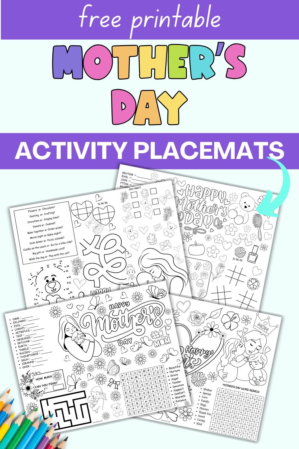A collection of printable Mother's Day activity placemats featuring coloring pages, word searches, and games designed for kids, aimed at enhancing family brunch experiences with fun, creative activities.
