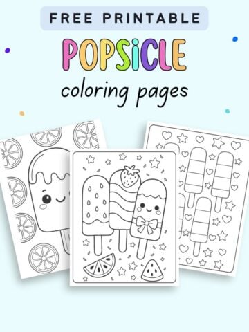 text "free printable popsicle coloring pages" with a preview of there pages of popsicle coloring sheets