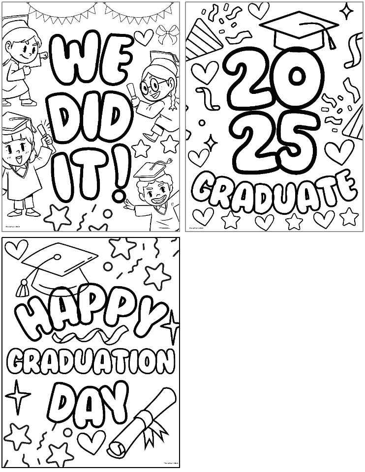 Three black and white graduation coloring pages for kids