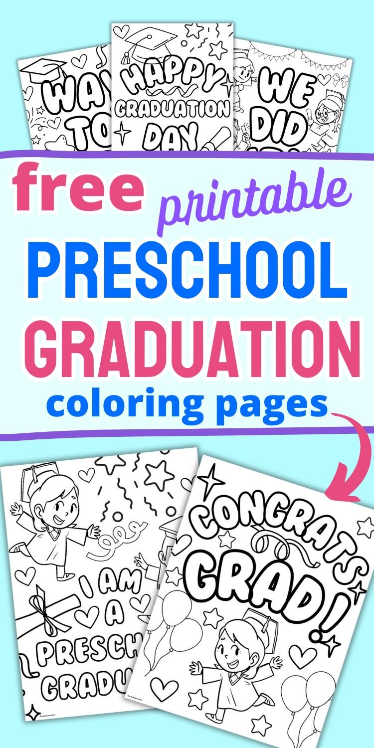 A collection of free printable preschool graduation coloring pages featuring celebratory themes and messages suitable for graduation activities and crafts.
