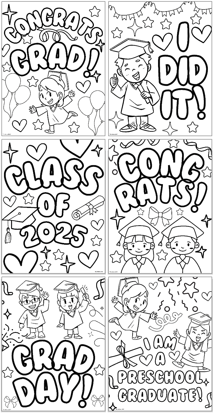 A collection of six black-and-white graduation-themed coloring pages featuring celebratory phrases and illustrations suitable for preschool graduation activities, including messages like "Congrats Grad!" and "I am a preschool graduate!"
