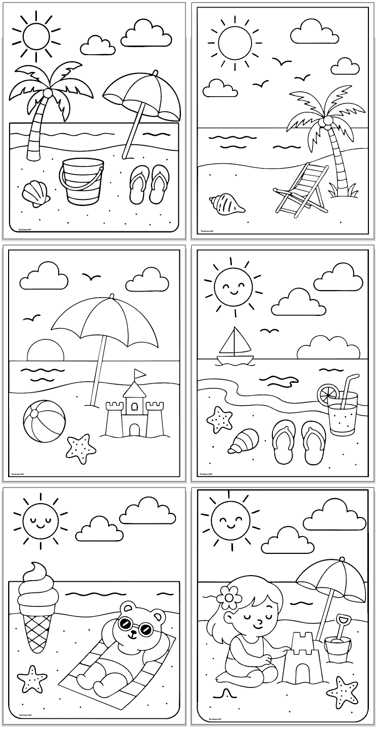 A collection of six black-and-white summer-themed coloring pages for kids, featuring scenes of beach activities like sandcastles, umbrellas, and playful animals, suitable for screen-free summer fun.

