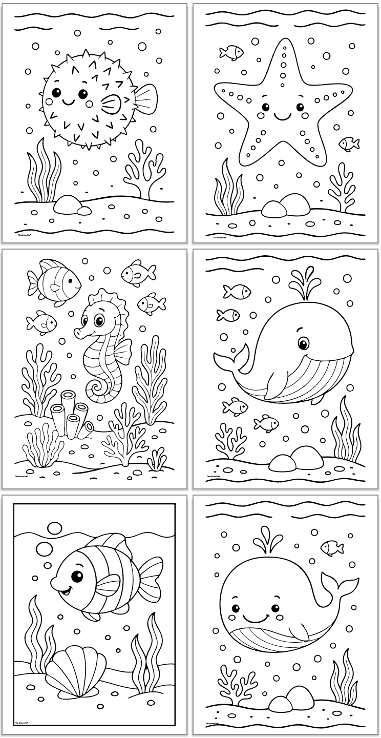 six bold and easy undersea animal coloring pages featuring ocean animals