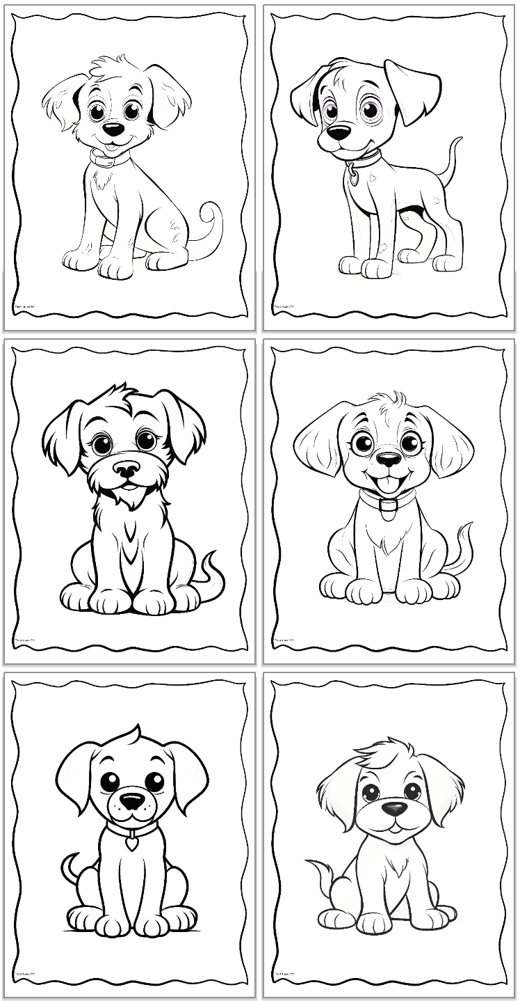 The image displays six black and white dog coloring sheets featuring various cute puppies, suitable for kids and available as free printables.

