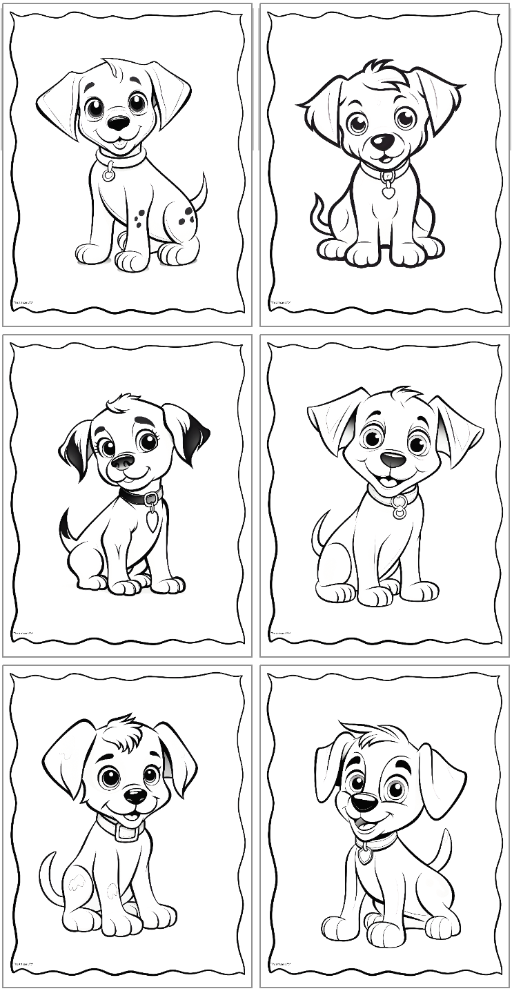 A collection of six black-and-white printable dog coloring pages featuring various cute puppy illustrations, suitable for kids and toddlers.
