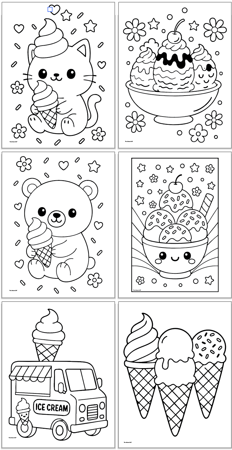 A collection of cute ice cream-themed coloring pages for kids, featuring ice cream cones, popsicles, and fun toppings, ideal for summer activities at home.
