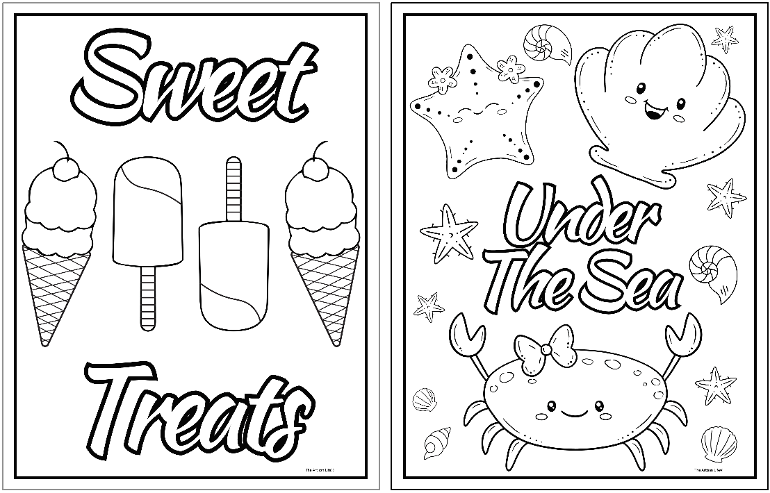 Two summer-themed coloring pages feature the titles "Sweet Treats" with ice creams and popsicles on one page, and "Under The Sea" with a crab, starfish, and seashells on the other, designed as summer coloring sheets for kids.
