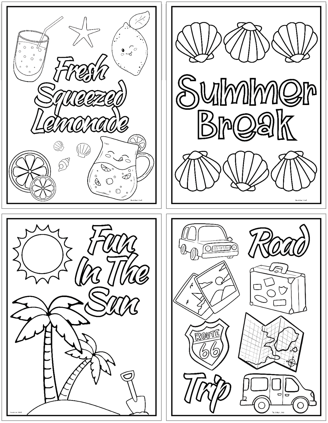 Four summer-themed coloring sheets are displayed, featuring designs related to "Fresh Squeezed Lemonade," "Summer Break," "Fun In The Sun," and "Road Trip," suitable for children as summer activity sheets and free printables.
