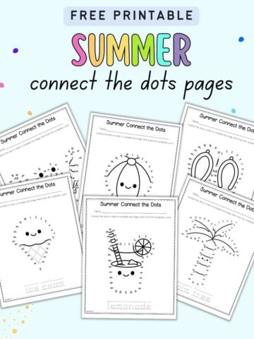 text "free printable summer connect the dots pages" with a preview of six dot to dot pages with vocabulary to trace