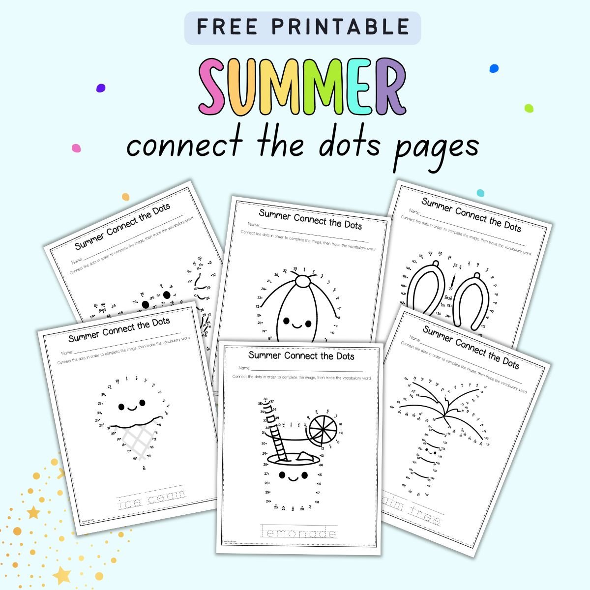 text "free printable summer connect the dots pages" with a preview of six dot to dot pages with vocabulary to trace