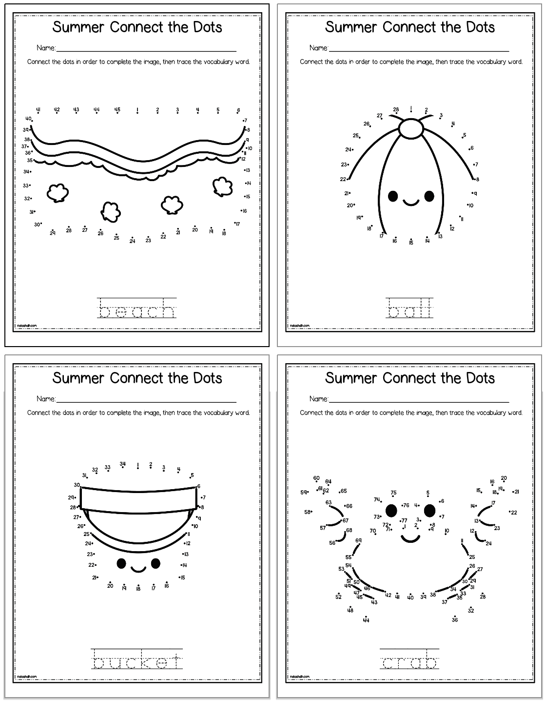 A collection of four summer-themed connect-the-dots worksheets for kids, each featuring different images such as a bench, ball, bucket, and crab, with numbered dots to connect and a vocabulary word to trace at the bottom.
