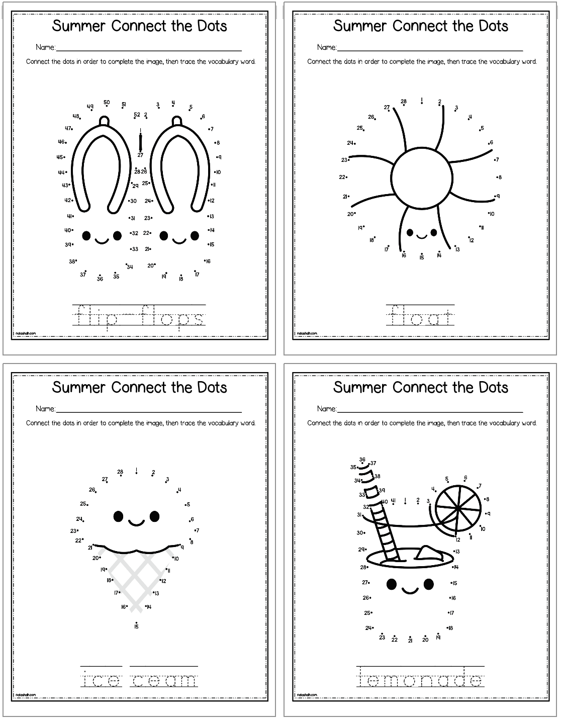 A collection of four summer-themed connect-the-dots worksheets for kids, featuring images of flip-flops, a sun, an ice cream cone, and lemonade, designed as easy printable activities to enhance math skills and handwriting practice.
