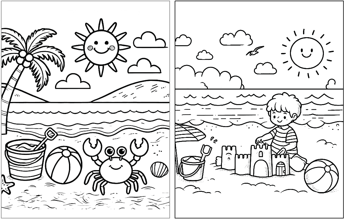 A coloring page featuring a beach scene with a crab, palm trees, sun, and a child building a sandcastle, ideal for summer-themed activities and coloring fun for kids.

