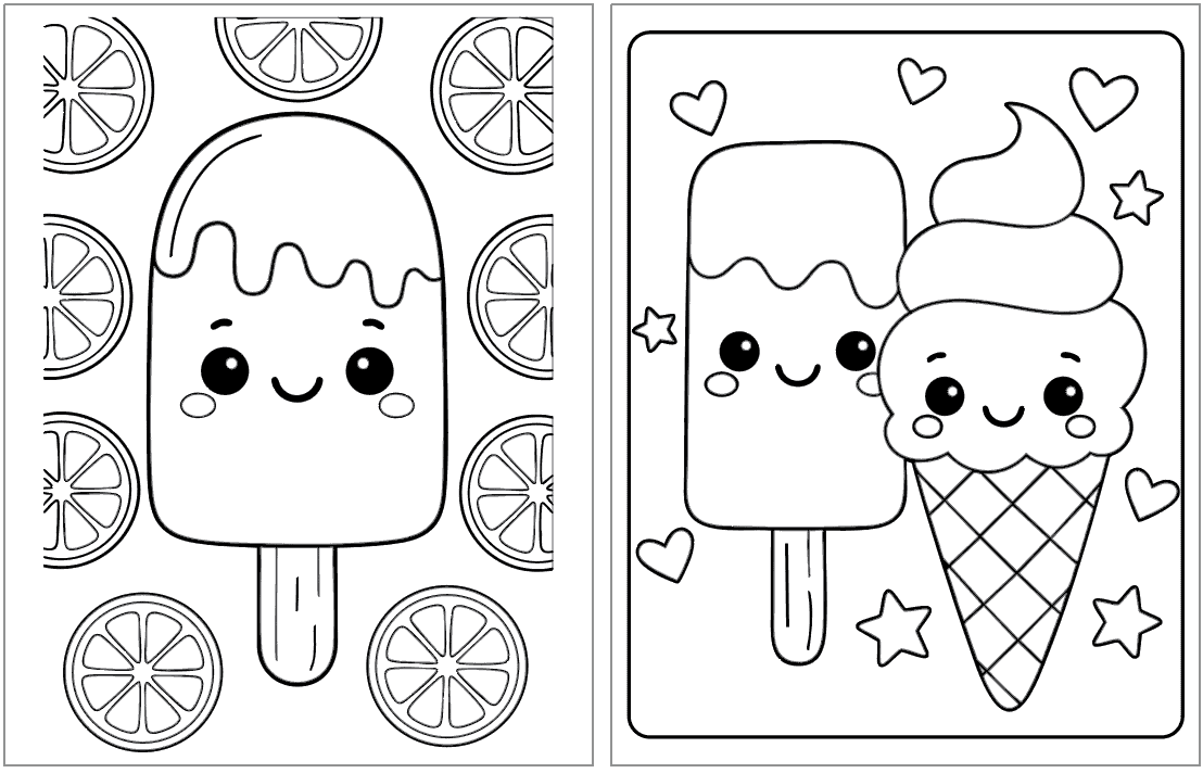 A collection of two summer-themed coloring pages featuring cute kawaii popsicles, including various designs with fun patterns and elements like stars and fruits, ideal for kids.
