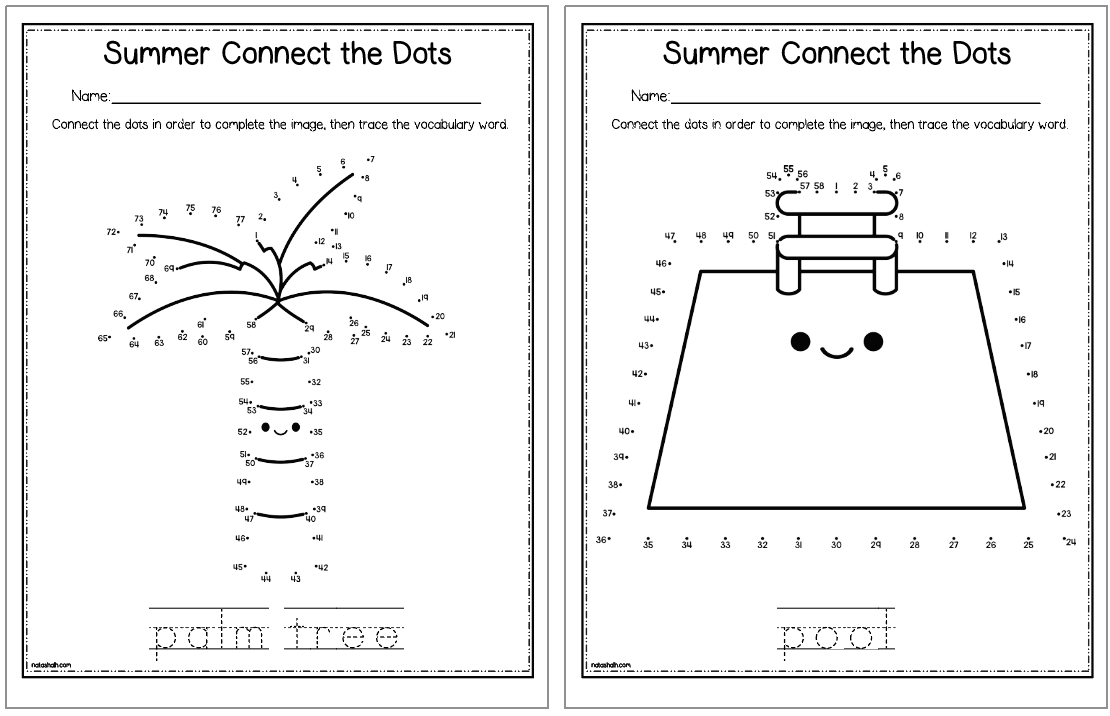 A collection of two summer-themed connect-the-dots worksheets for kids, featuring images of flip-flops, a sun, an ice cream cone, and lemonade, designed as easy printable activities to enhance math skills and handwriting practice.

