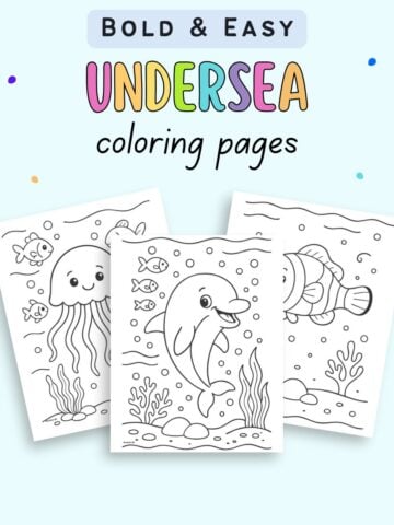 text "bold and easy undersea coloring pages" with a preview of three coloring page printables with ocean aniamls