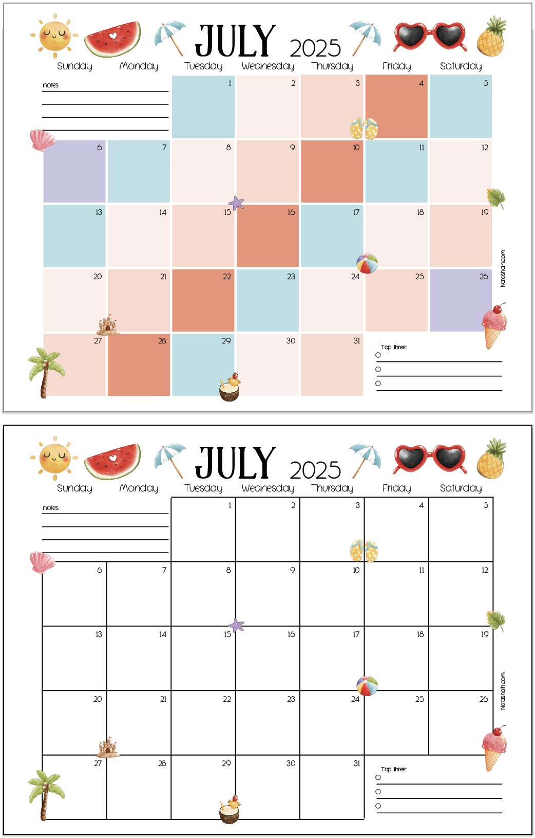 two July 2025 calendar pages. One is in full color and another in less color