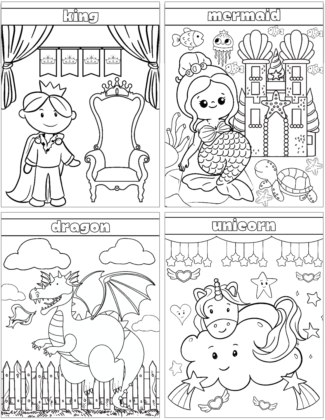 A collection of four fairy tale-themed coloring pages featuring a king, mermaid, dragon, and unicorn, designed for kids' coloring activities.
