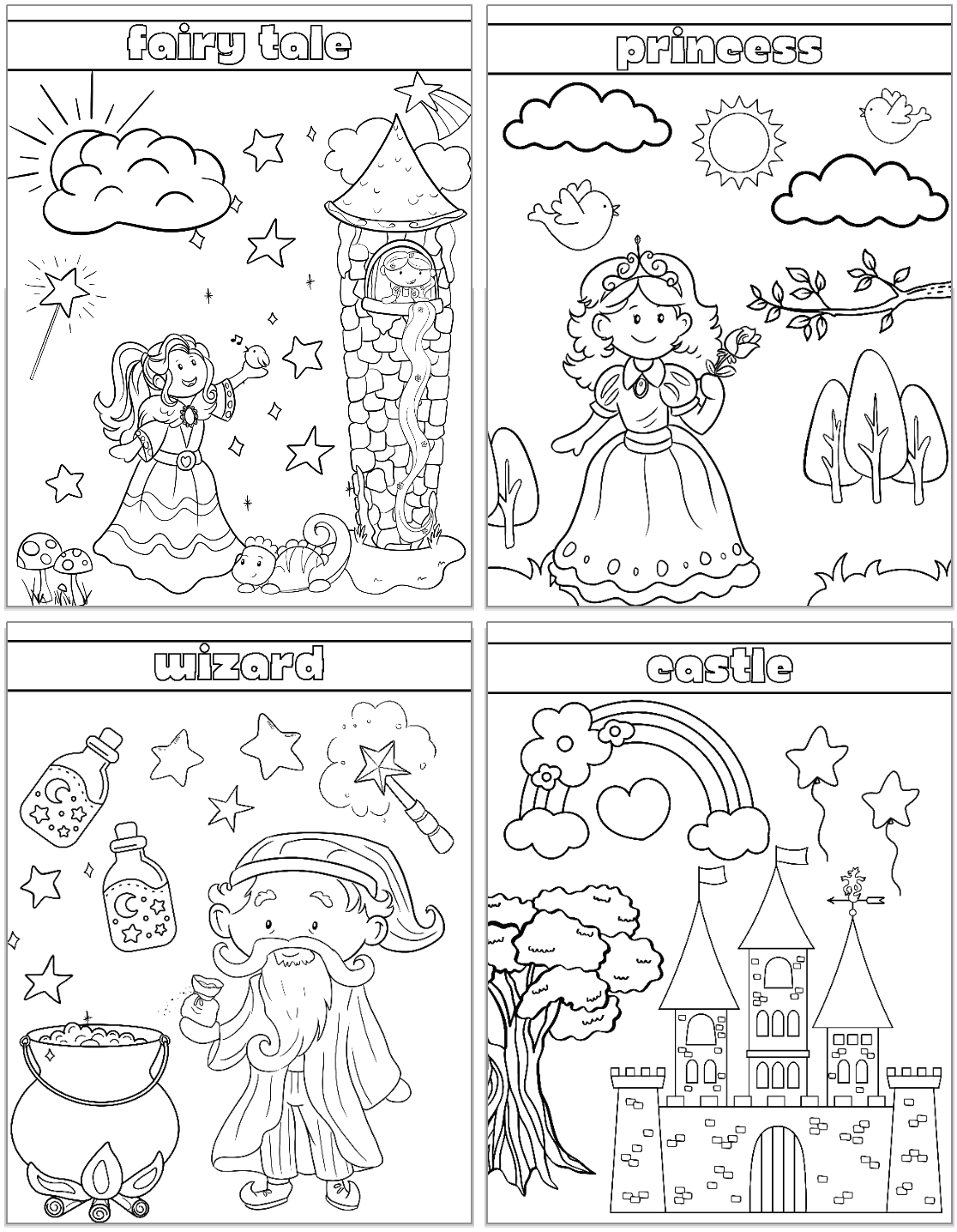 A collection of four black and white coloring pages featuring fairy tale themes including a princess, a wizard, a castle, and elements related to fantasy, aimed at children for various coloring activities.
